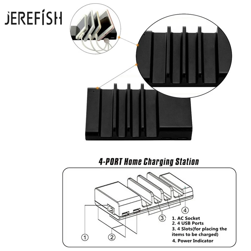 Зарядная Станция JEREFISH с 4 USB-портами Настольная док-станция несколькими портами