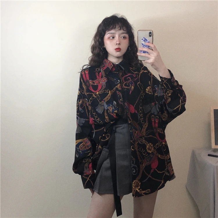 Korobov Harajuku женская блузка Ulzzang с мультяшным принтом женская рубашка уличная Свободная Повседневная с длинным рукавом Mujer Blusas 77284