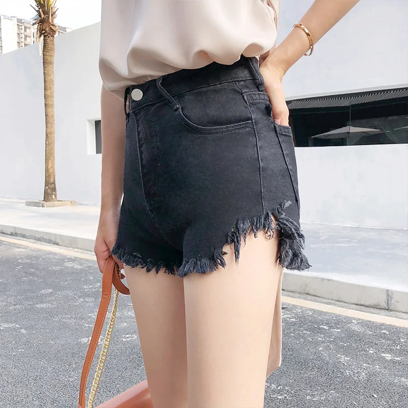 Джинсовые шорты Женская мода с высокой талией бахромой рваные короткие джинсы 2019