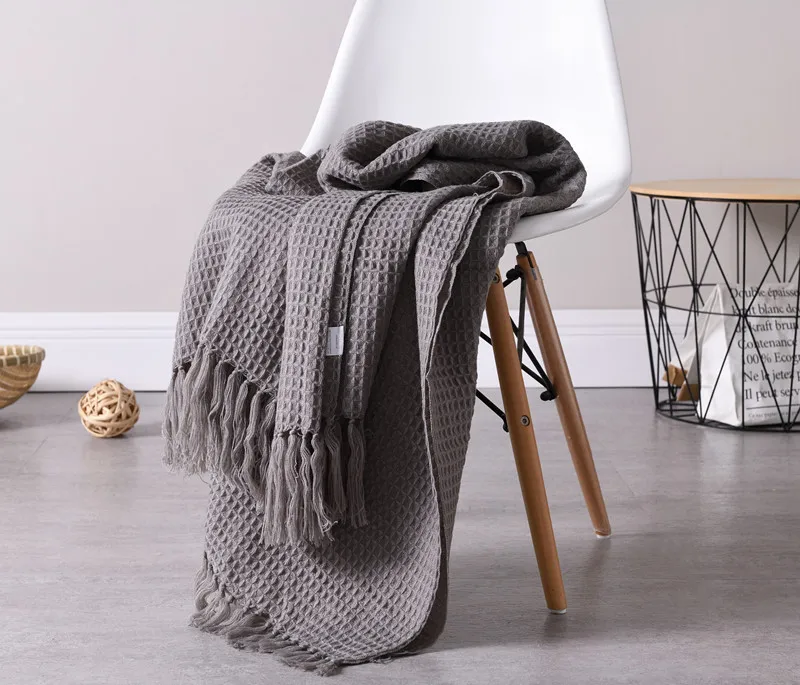 

Waffle Check Sofa Throw Blanket with Tassel Nordic Travel Plane Car Nap Casual Thin Blankets Knit Plaids Bedspread Bed Cover