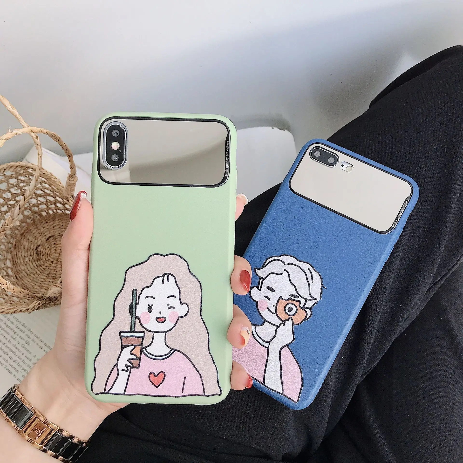 Cute Cartoon Couple Korean Phone Case For iPhone 7 Puls 6 6S 8 Retro Mirror Silicone Soft X Xr XsMax Xs |