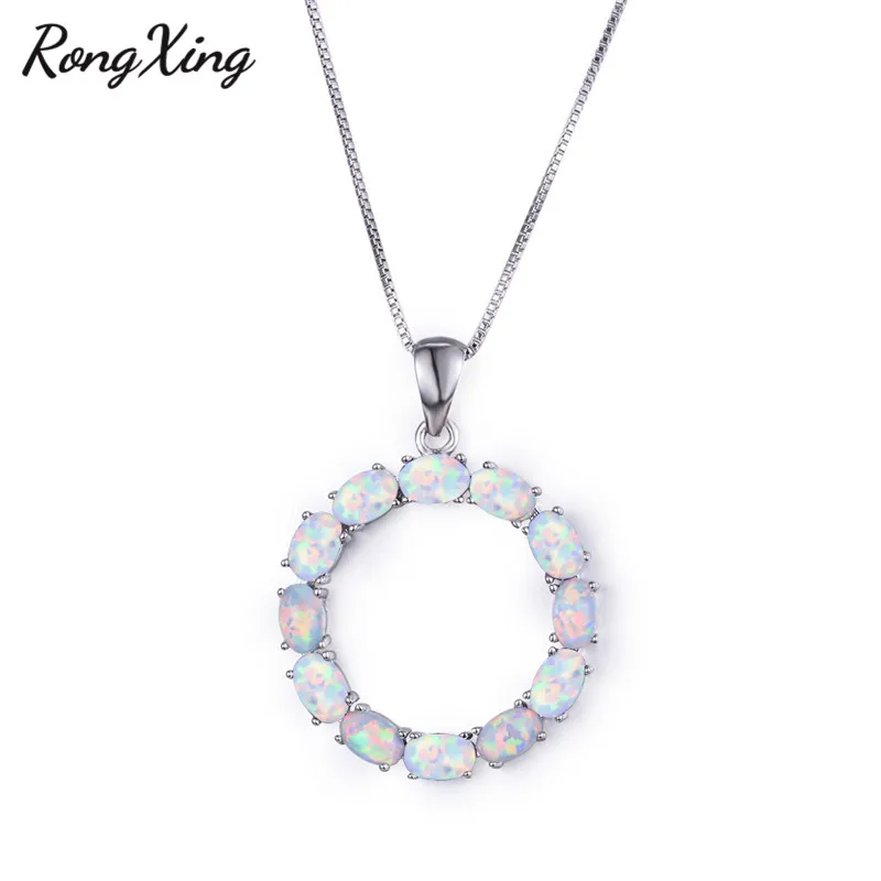 White Opal RongXing белый/синий/фиолетовый Огненный Опал Круглый кулон ожерелье s для женщин 925 серебро колье с камнем рождения обручение ювелирные изделия - Окраска металла: White Opal