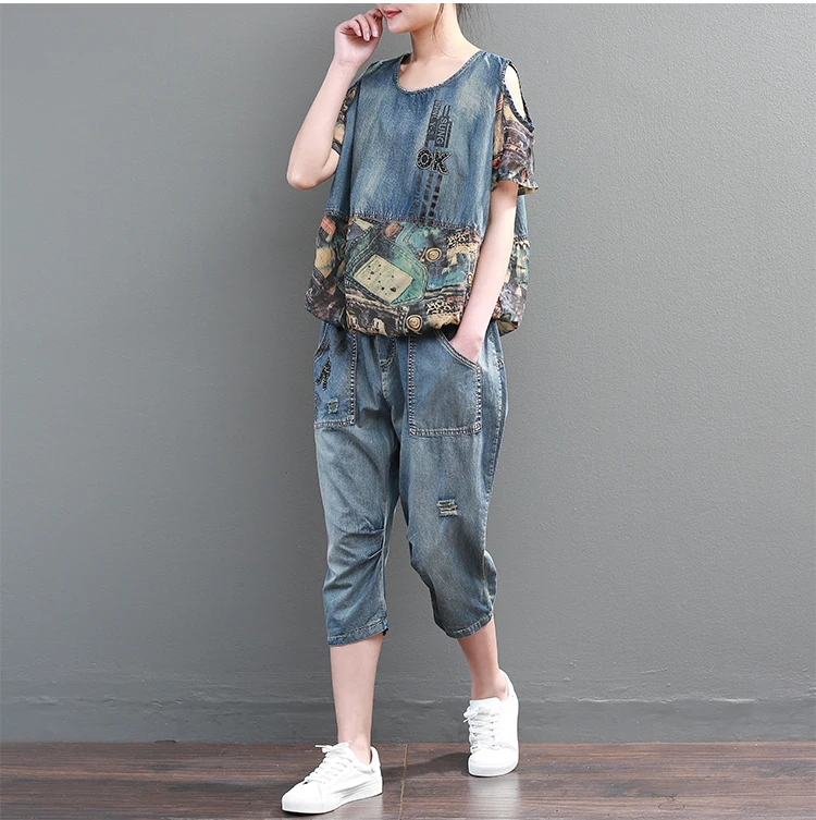 Summer 2018 Luxury Korean Girls Jeans Streetwear Women Two Pieces Set Denim Tops Tracksuit Woman Outfits Clothes Roupas A745 | Женская