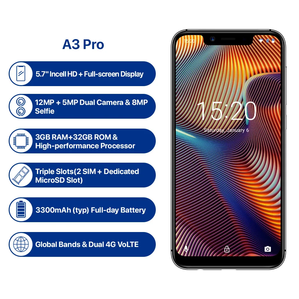 UMIDIGI A3 Pro 4G смартфон 5 7 дюймов четырехъядерный 3 ГБ 32 Мировые бренды разблокировка