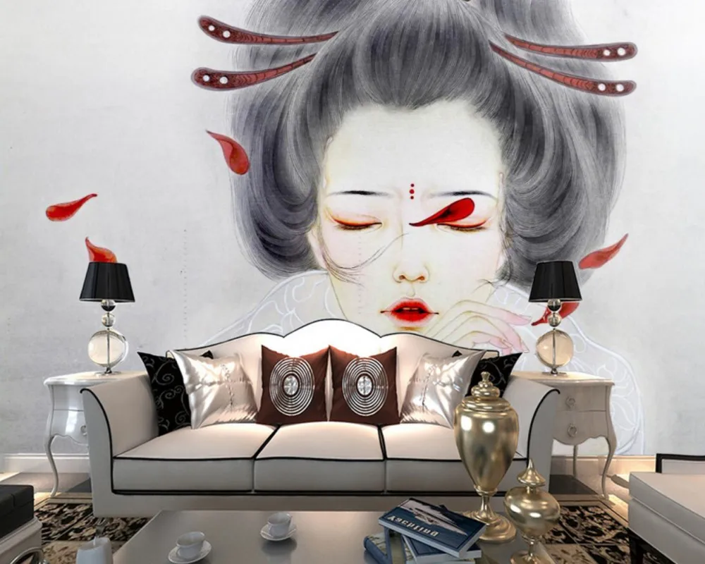 

Free Shipping Hand-Painted Mural Custom 3D Restaurant Hand-Painted Japanese Kimono Beauty Dining Wallapper Retro Music Bar Mural