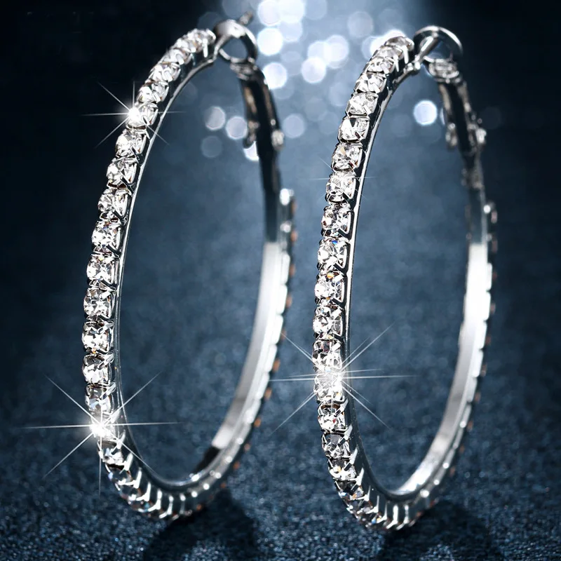 Fashion Popular Big Circle Hoop Earrings for Women Girls Geometric Rhinestone Crystal Round Earring Party Jewelry s | Украшения и