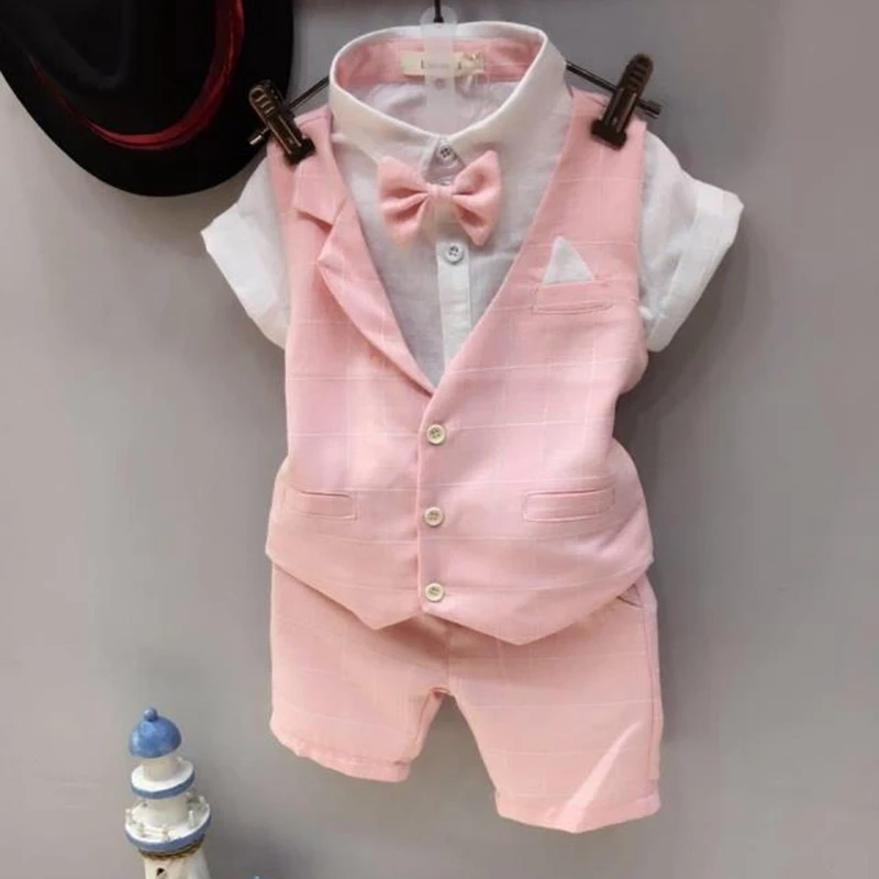 Pink Комплект для маленьких мальчиков, летняя счастливая Свадебная вечеринка, комплект из 3 предметов для маленьких мальчиков, топы с короткими рукавами+ жилет+ штаны, детская одежда из 3 предметов - Цвет: Pink