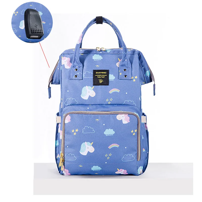 Unicorn blue USB SUNVENO сумка для подгузников для мам Большая вместительная сумка для детских подгузников дизайнерская сумка для кормления модный рюкзак для путешествий сумка для ухода за ребенком для мам и детей - Цвет: Unicorn blue USB