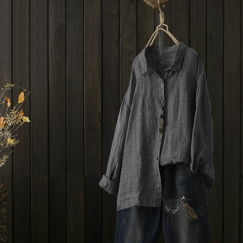 

Женская Полосатая Рубашка ZANZEA, винтажная блузка на пуговицах, топ для офиса, повседневные кардиганы с длинным рукавом, осень 2021