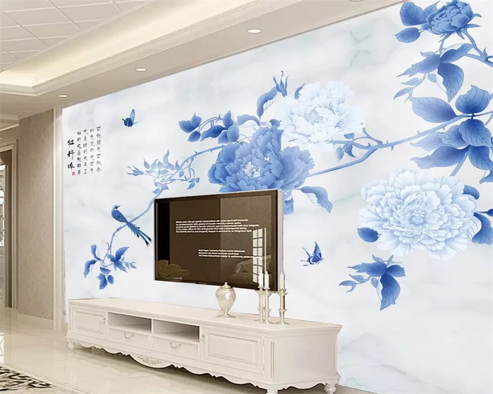 Beibehang Custom wallpaper Chinese Hand-painted pen Peony Birds and flowers Marble TV backdrop Home Decoration 3d | Обустройство дома