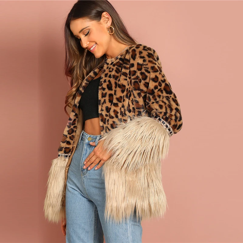 SHEIN Пальто Из Искусственного Меха С Контрастной Отделкой Модное Укороченное Пальто Из Эко Меха