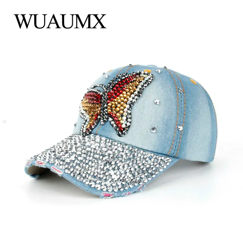 Wuaumx Rhinestone Baseball Cap Women Handmade Butterfly Bling Cap For Girl Lady Snapback Caps Denim Visor casquette femme sport