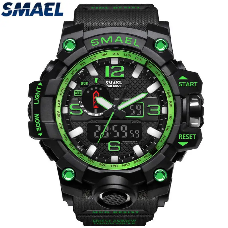 Black Green SMAEL мужские спортивные модные аналоговые кварцевые часы светодиодный Секундомер цифровые часы водонепроницаемые ударные мужские военные часы Relogio Mas - Цвет: Black Green