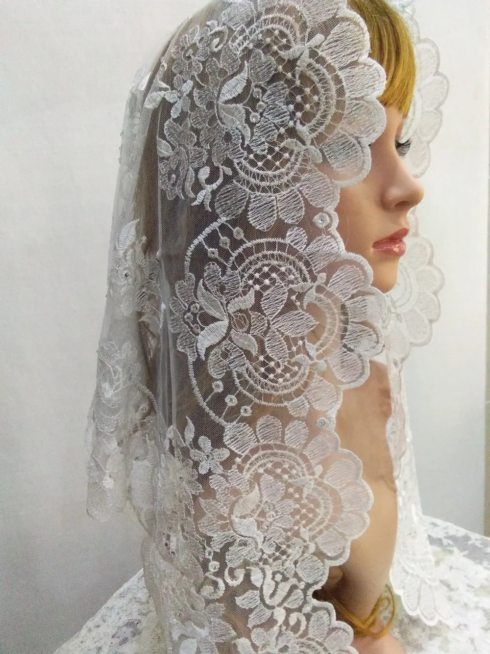 Белая вышивка испанская кружевная Мантилья вуаль с блестящими бусинами
