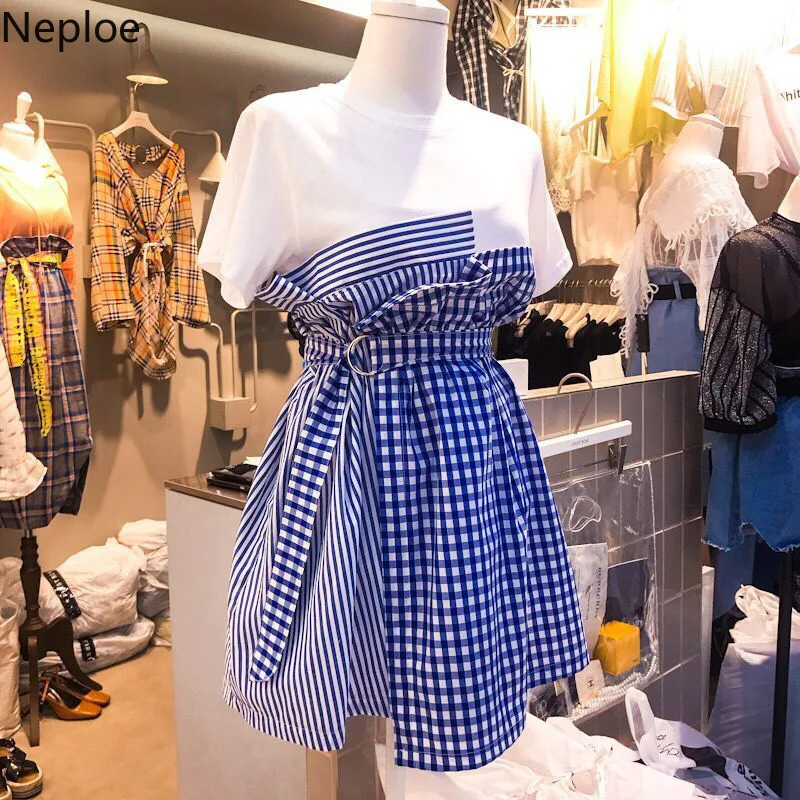 Neploe/клетчатые Лоскутные женские платья с коротким рукавом длиной до колена Vestido