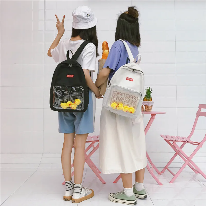Ulzzang Корейский мультфильм Повседневная Милая утка прозрачная сумка женская мода буквы большой емкости японский рюкзак