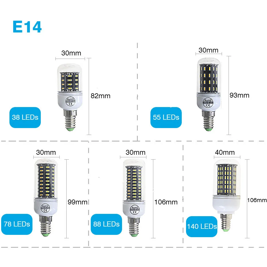 Кукурузная лампа Светодиодная E27 E14 SMD 5730 38 55 78 88 140 светодиодов e27 холодный белый 220