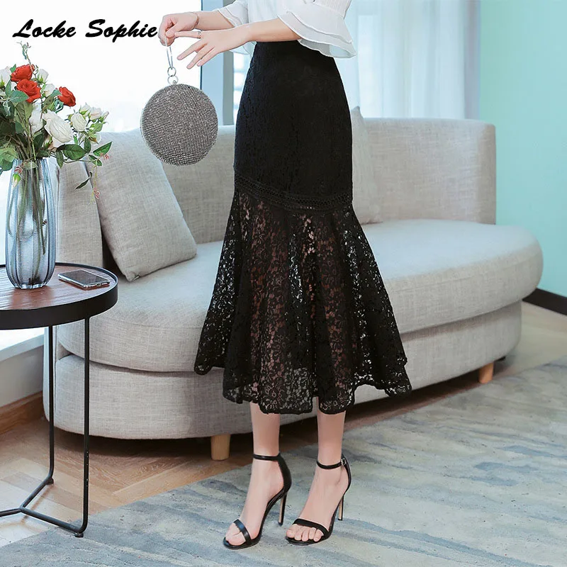 Женская юбка годе с высокой талией Черная кружевная вырезами повседневная весна