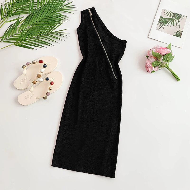 Женское платье на одно плечо ALPHALMODA с косой молнией однотонное трикотажное