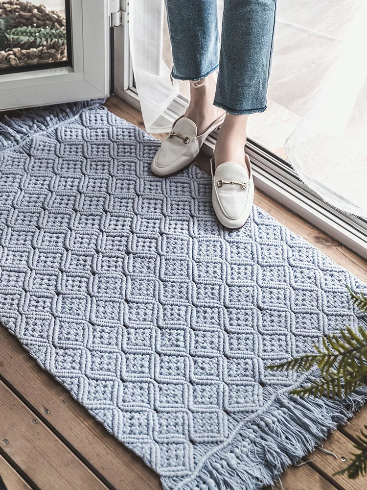 

Kilim Solid cotton morocco Living room Carpet geometric white blue Indian Rug bohemia striped Modern Mat design Nordic style