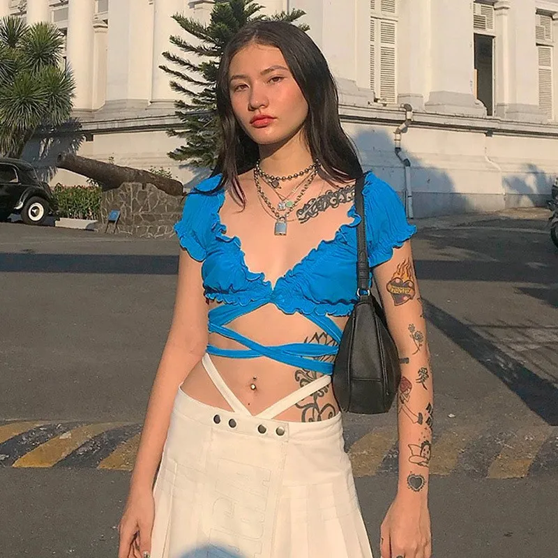 Однотонные укороченные топы с v образным вырезом на шнуровке для женщин уличные