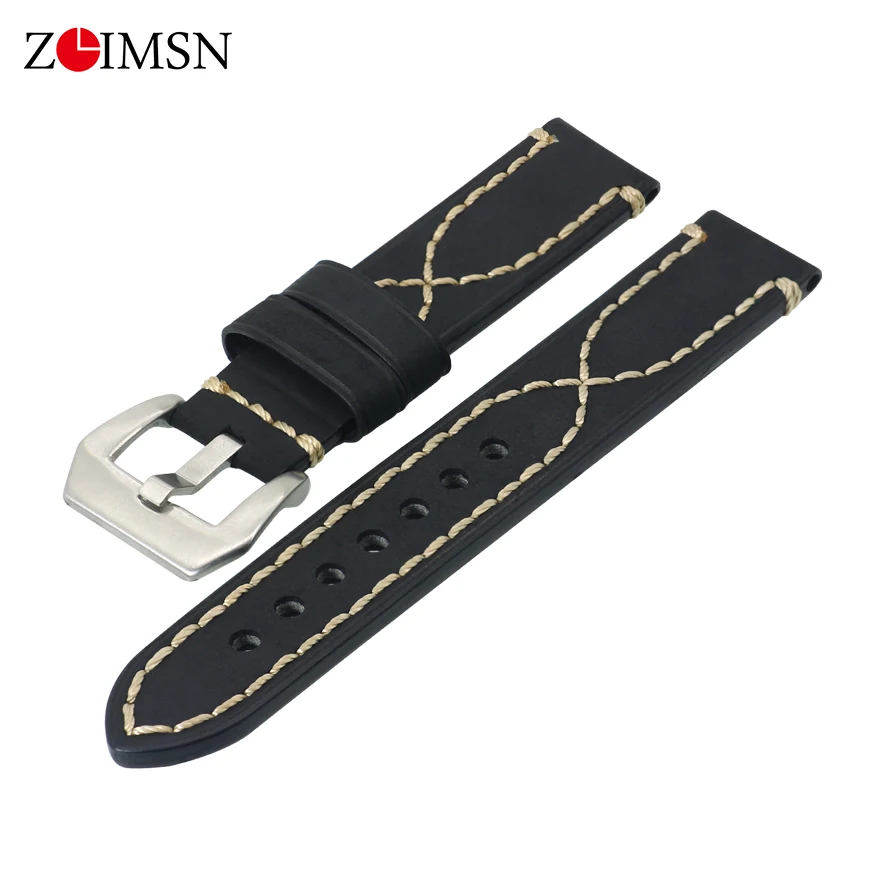 Black ZLIMSN винтажные ремешки для часов из коровьей кожи, удлиняющие большие наручные часы, ремешок 20 мм, 22 мм, 24 мм, 26 мм для Panerai Fossil - Цвет ремешка: Black