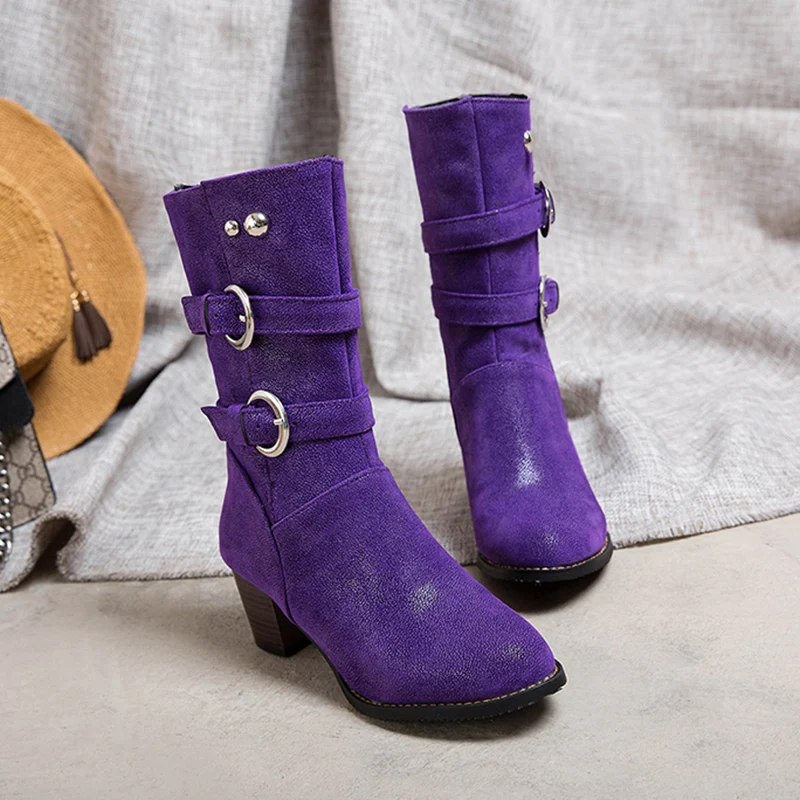 Rimocy Purple Warm Short Plush Mid Calf Boots Women Vintage Buckle Chunky Heels Pu Botas Mujer Plus Size Slip-on Shoes Woman