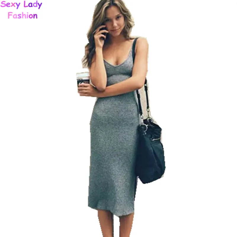 Сексуальный глубокий V образным вырезом Спагетти ремень стрейч миди платье для