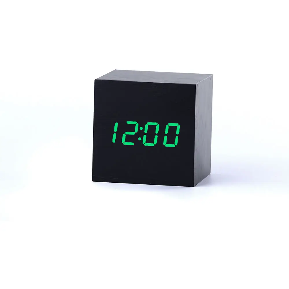 Black Wood Green LED Деревянный квадратный светодиодный Будильник, настольный цифровой термометр, деревянные часы USB/AAA, настольные часы, домашний декор - Цвет: Black Wood Green LED