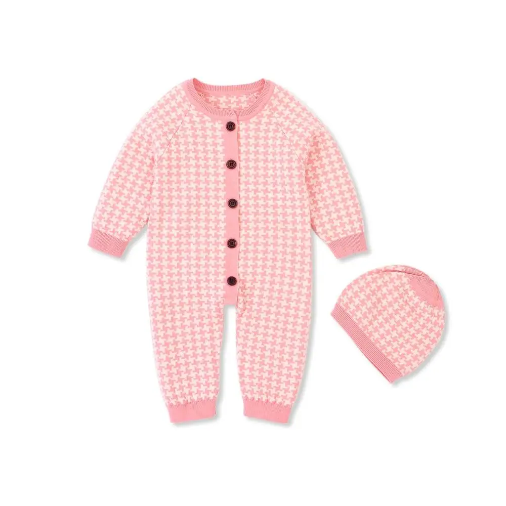 plaid pink Вязаная одежда для малышей мальчиков и девочек, комбинезоны для новорожденных, весна, детская одежда для малышей, спортивный костюм комбинезон для младенцев, Комбинезоны Зимний Детский комбинезон с шапкой - Цвет: plaid pink
