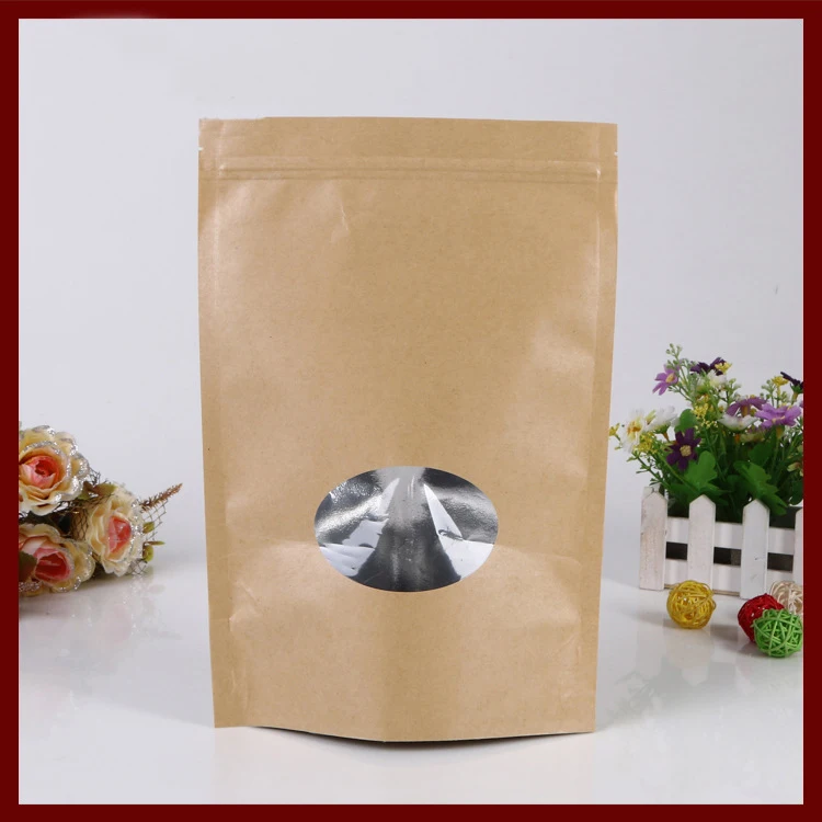 

11*16+3 50pcs brown self zip lock kraft paper bags with window for gifts sweets and candy food tea jewelry retail package paper