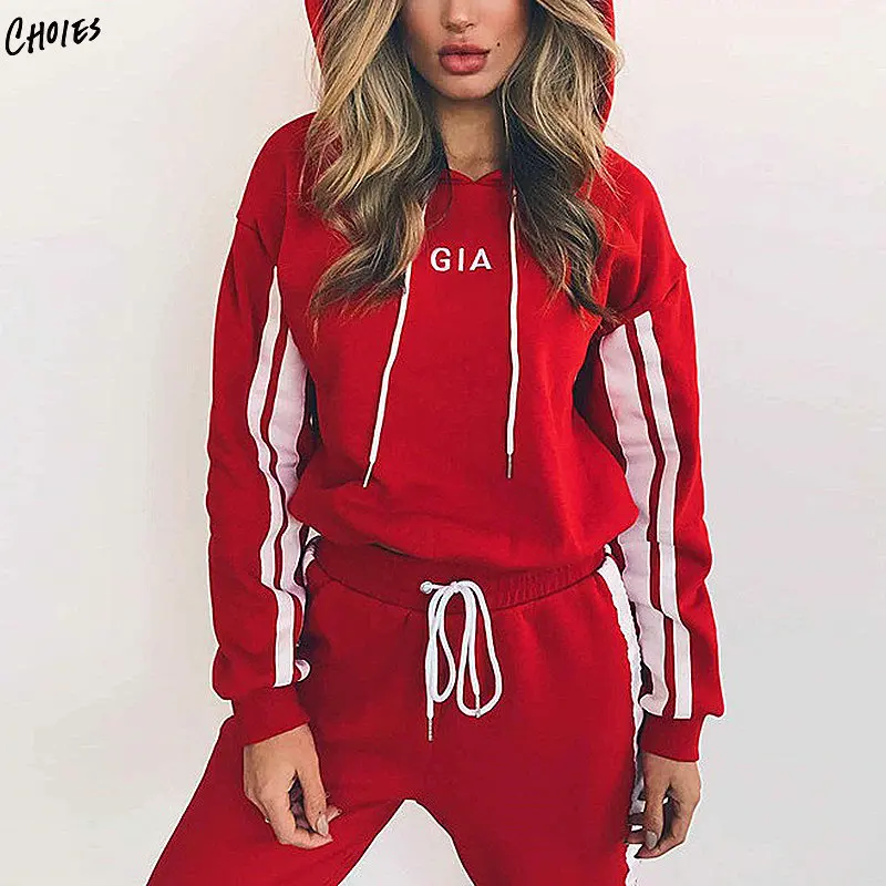 WomenTracksuit полосой вышивки письмо толстовка с длинным рукавом и длинные брюки