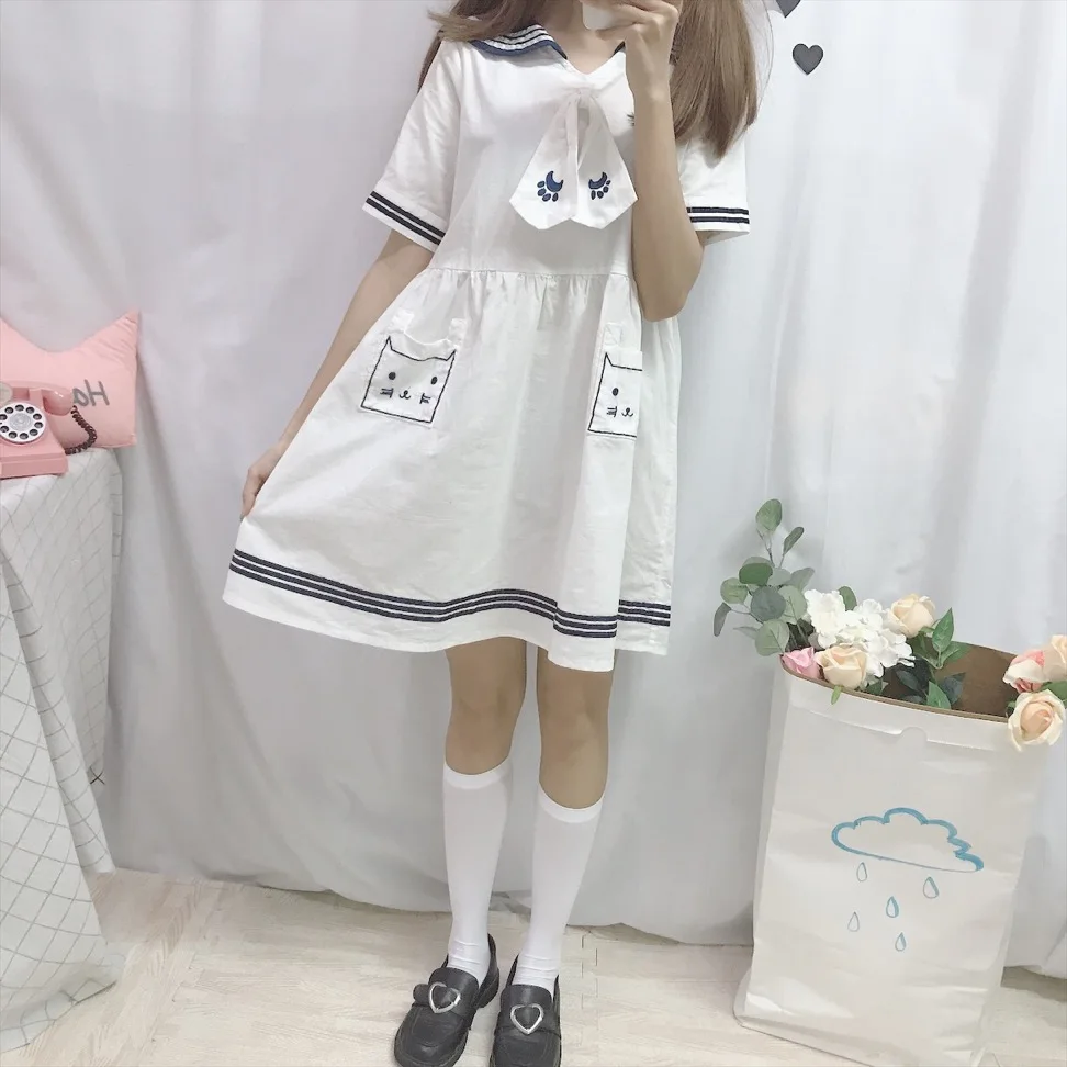 Летнее женское платье в Корейском стиле с вышивкой виде кота для девочек костюм