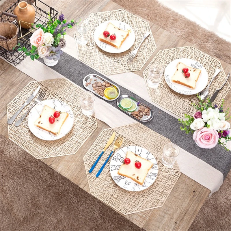 

Creative Octagonal Hollow Table Mat Quality PVC Non-Slip Luxurious Golden Portable Heat-insulated Kids Dinnerware Coaster Pads