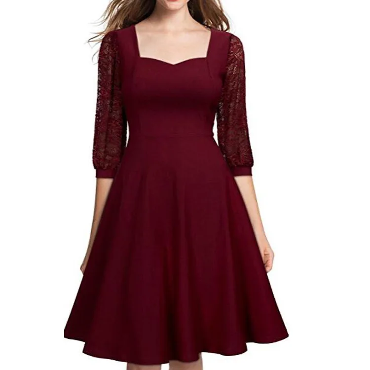 

TUHAO 2018 Autumn Winter Mesh Patchwork Lace Dresses for Women Office Lady Work Casual Party Puff Dresses Vintage Vestidos DNFS