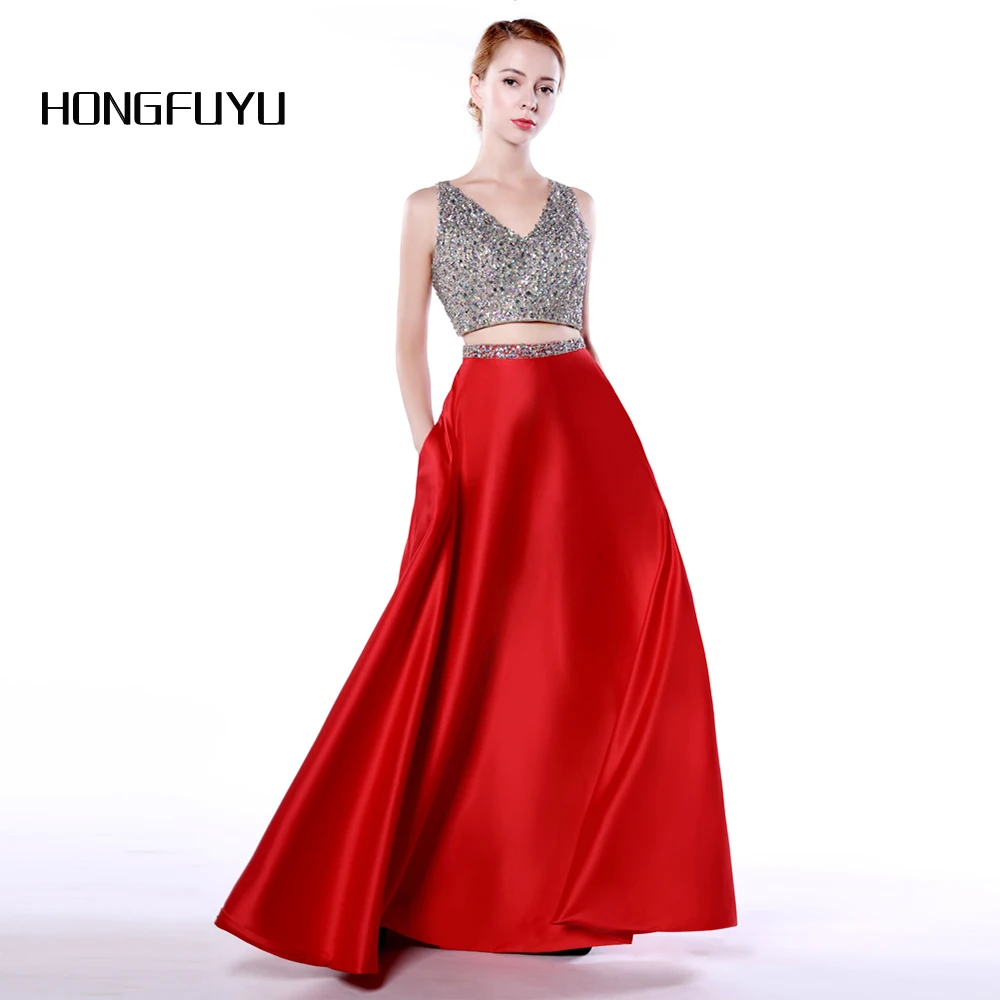 

Shining Red Satin 2 Piece A Line V Neck Long Evening Dresses 2019 Beaded Sleeveless Backless Floor Length Evening Dress HFY80301