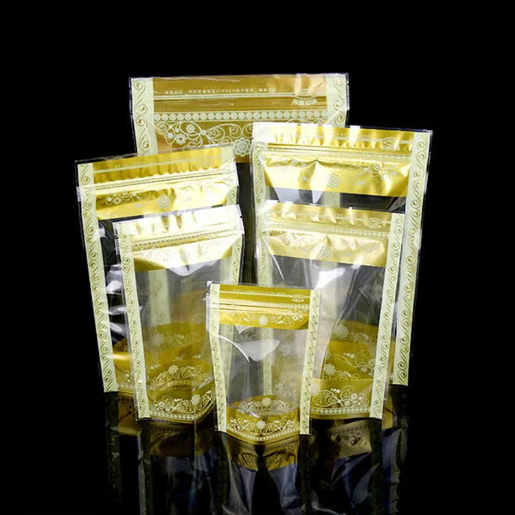 

Leotrusting 100pcs/lot Stand up Plastic Zip Lock Bag Clear Window Gold Coffee Snack Cookie Bakery Packaging Bag Plastic Gift Bag