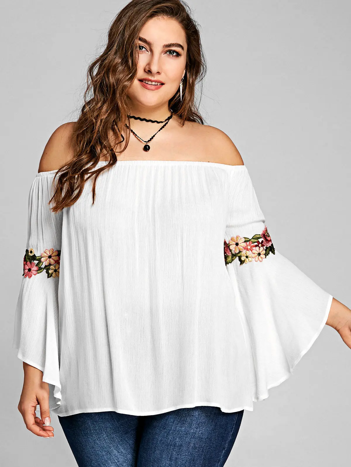 ROSEGAL, женские футболки размера плюс, 5XL, вышивка колокольчиком, длинный рукав, топ с открытыми плечами, Цветочные Топы, сексуальные, Praty, женская одежда
