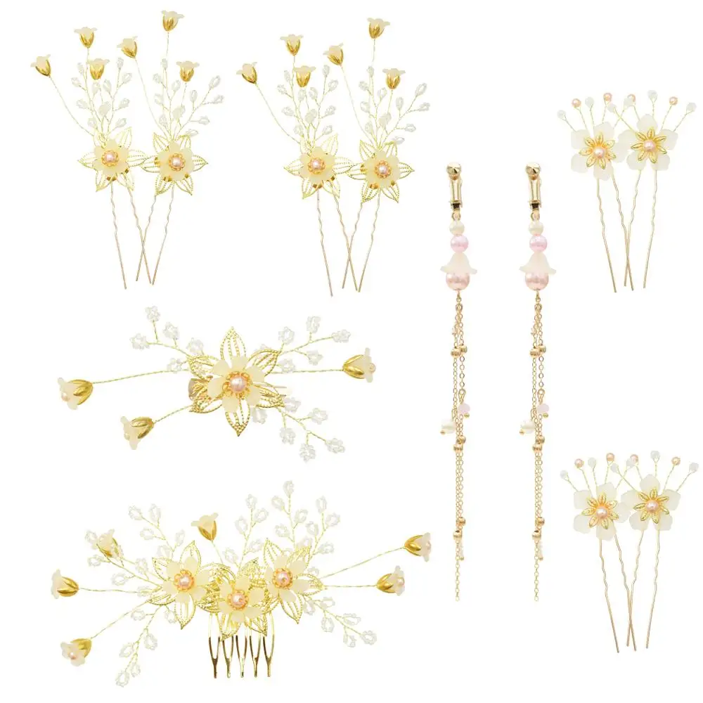 

Chinese Ethnic Bridal Tiara Set Gold Tassel Earrings Flower Hair Comb Sticks Headpiece Hairpins Wedding Hair Accessories Jewelry