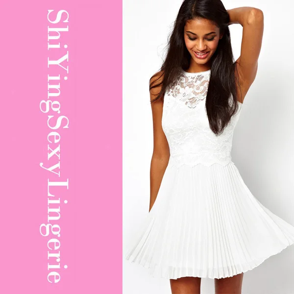 lastest new arrival hot sale Pure White cute Lace Skater Dress womens with Pleated Skirt 2902 Free Shipping |