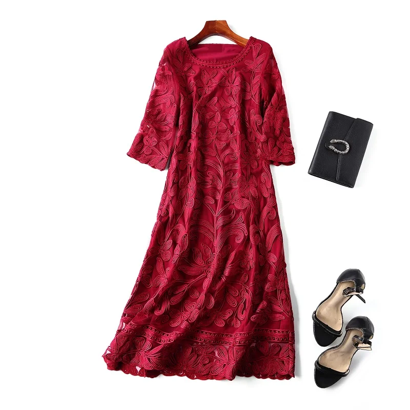 XXXXL платья Vestidos весенне-летние модные коктейльные вечерние женские с круглым вырезом ткань с аппликациями вышивка красное платье синего цвета