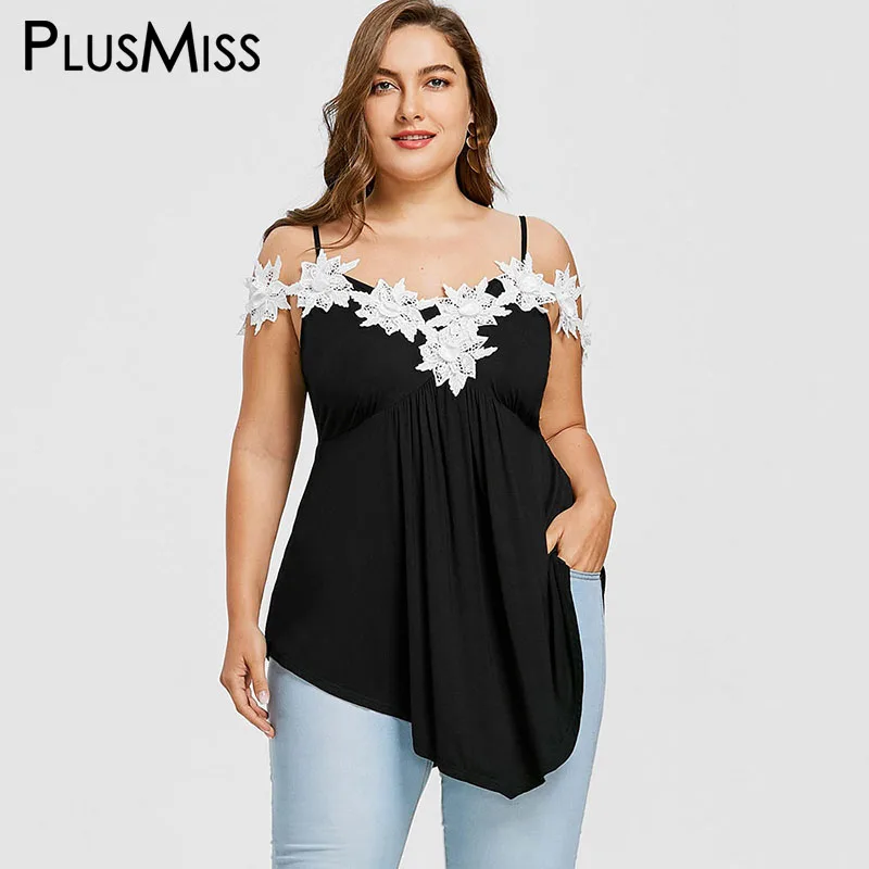 PlusMiss размера плюс 5XL белые цветочные кружева крючком топ на тонких бретелях