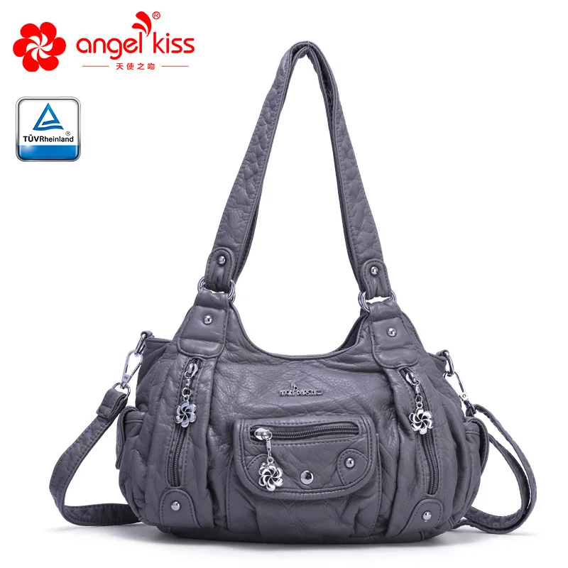 Dark gray Angelkiss Модные 2 Топ молния мягкий промытый из искусственной кожи Сумки ранцы для женщин курьерские сумки кошельки с бесплатным подарком - Цвет: Dark gray