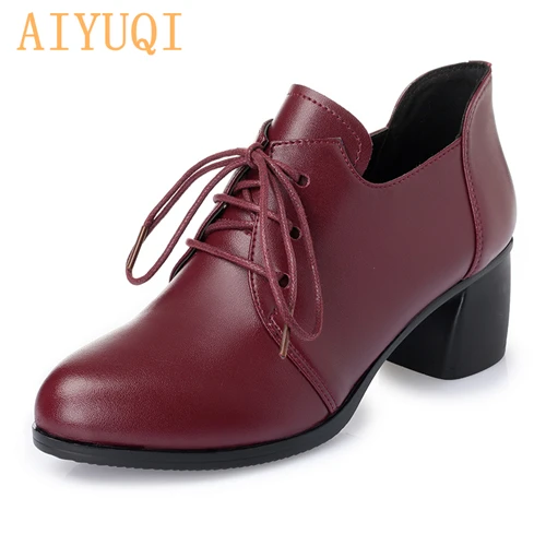 wine red AIYUQI; Новинка года; женская обувь из натуральной кожи; повседневная обувь на каблуке; женская обувь на шнуровке; броги в стиле ретро; модная весенняя женская обувь - Цвет: wine red