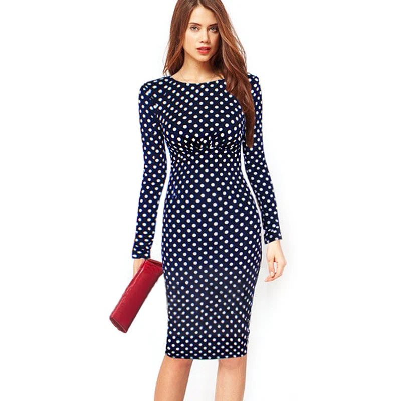 Oxiuly Newest Autumn Women Long Sleeve Elegant Dot Empire Waist Stretchy Bodycon Pencil Dresses Casual Knee-Length Dress S-XXL | Женская