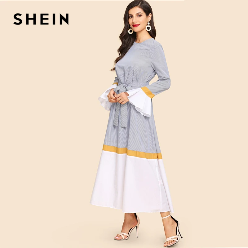 SHEIN Контрастное Платье С Поясом И Оригинальным Рукавом Женские Весенние Многоцветные Модные Платья С Длинными Рукавами И Оборками