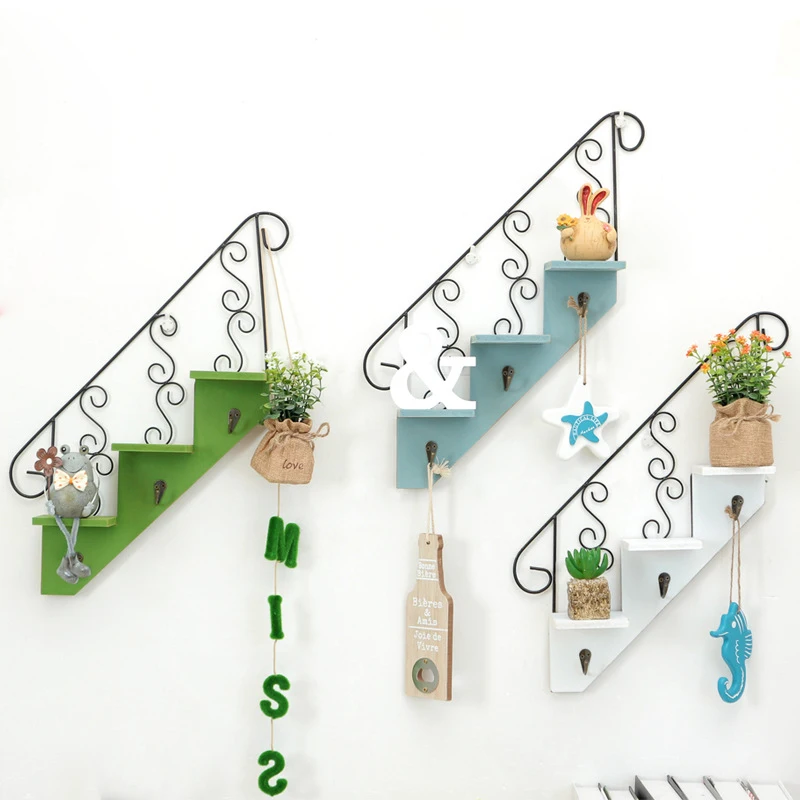 Деревянная Ретро железная полка для лестницы настенная хранения организации