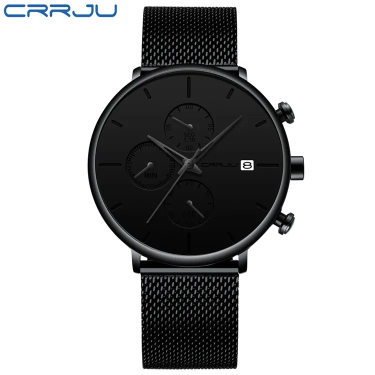 black CRRJU, мужские часы, Лидирующий бренд, Роскошные, бизнес часы, модные, повседневные, наручные, сетка, сталь, водонепроницаемые, кварцевые, дата, мужские часы, reloj - Цвет: black