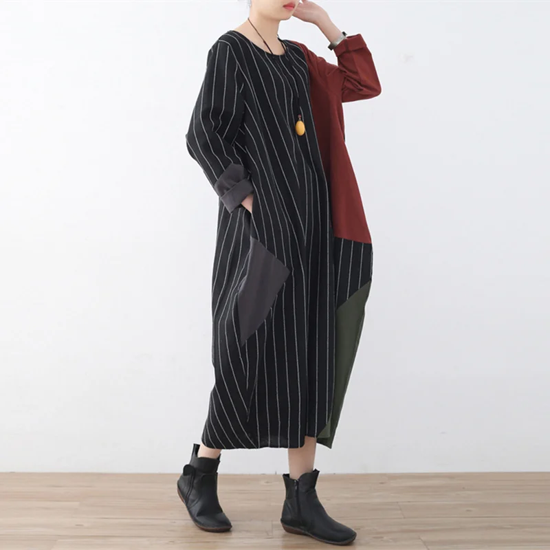 Johnature Women Large Size Long Dresses New 2020 Spring Casual Patchwork Striped O-Neck Loose Waist Sleeve | Женская одежда