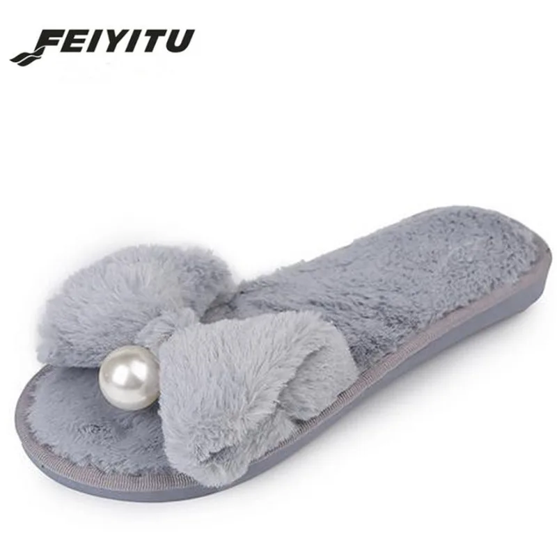 Женские сланцы FeiYiTu зимняя обувь на плоской подошве с мехом слипоны